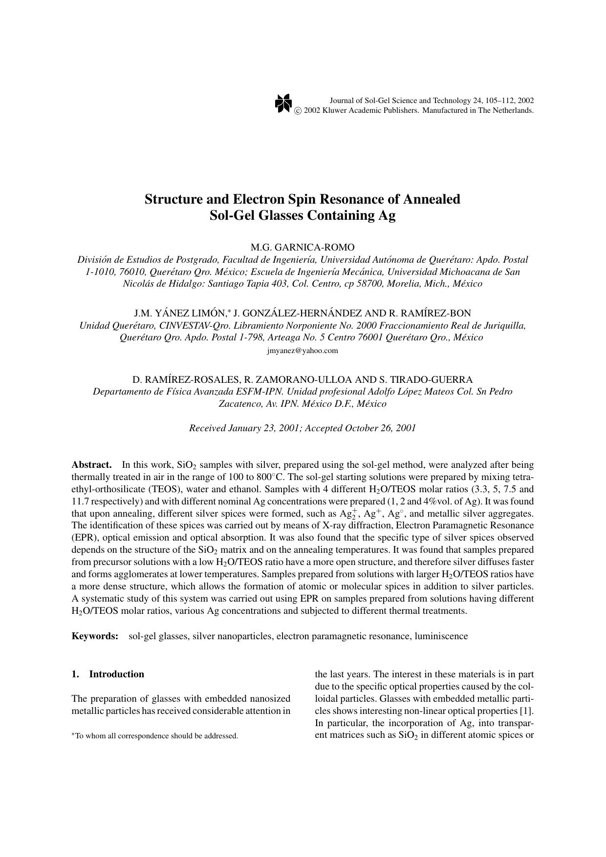 Structure and Electron Spin Resonance of Annealed Sol-Gel Glasses Containing Ag by Unknown