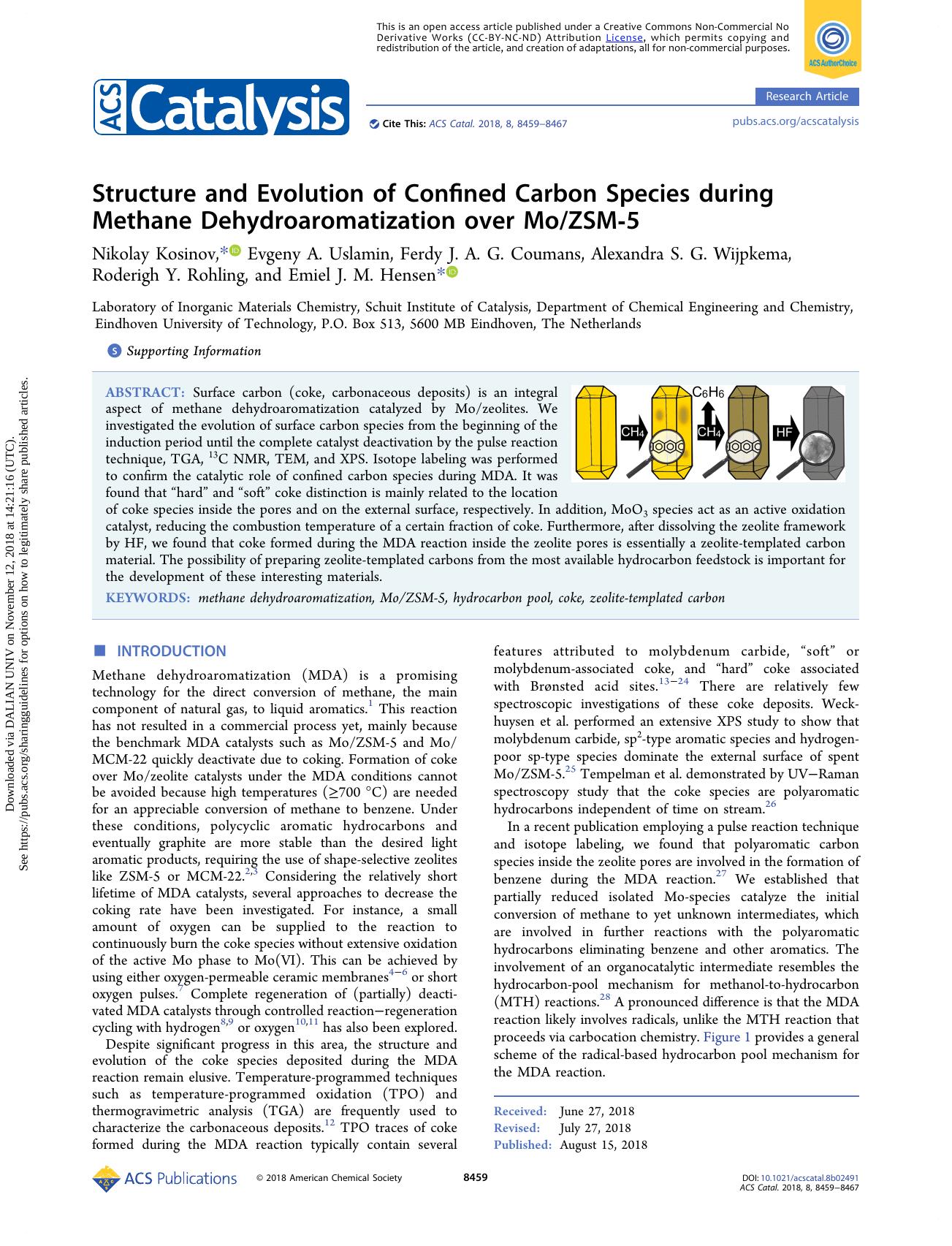 Structure and Evolution of Confined Carbon Species during Methane Dehydroaromatization over MoZSM-5 by unknow