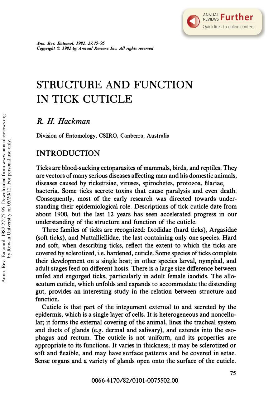 Structure and Function in Tick Cuticle by R H Hackman