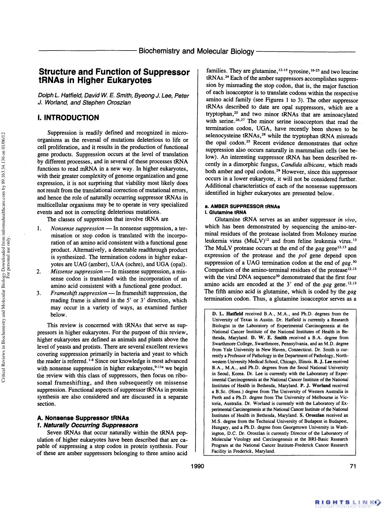 Structure and Function of Suppressor tRNAs in Higher Eukaryote by Dolph L. Hatfield David W. E. Smith Byeong J. Lee Peter J. Worland & Stephen Oroszlan