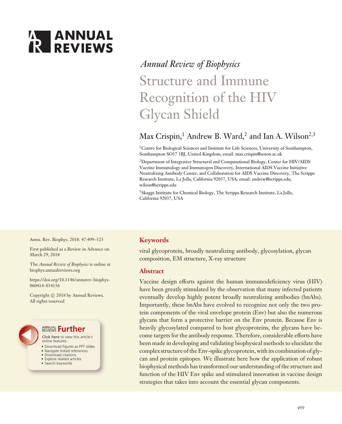 Structure and Immune Recognition of the HIV Glycan Shield by Max Crispin Andrew B. Ward Ian A. Wilson