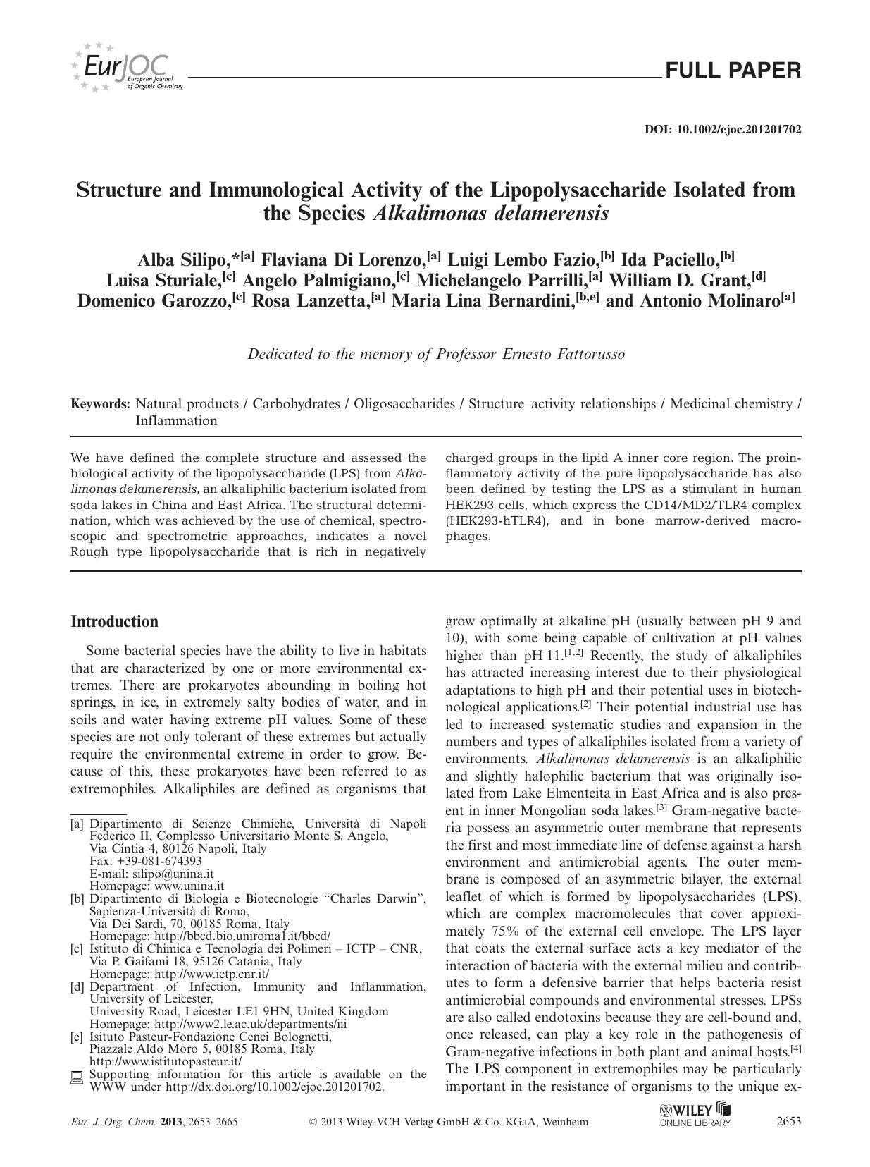 Structure and Immunological Activity of the Lipopolysaccharide Isolated from the Species Alkalimonas delamerensis by Unknown
