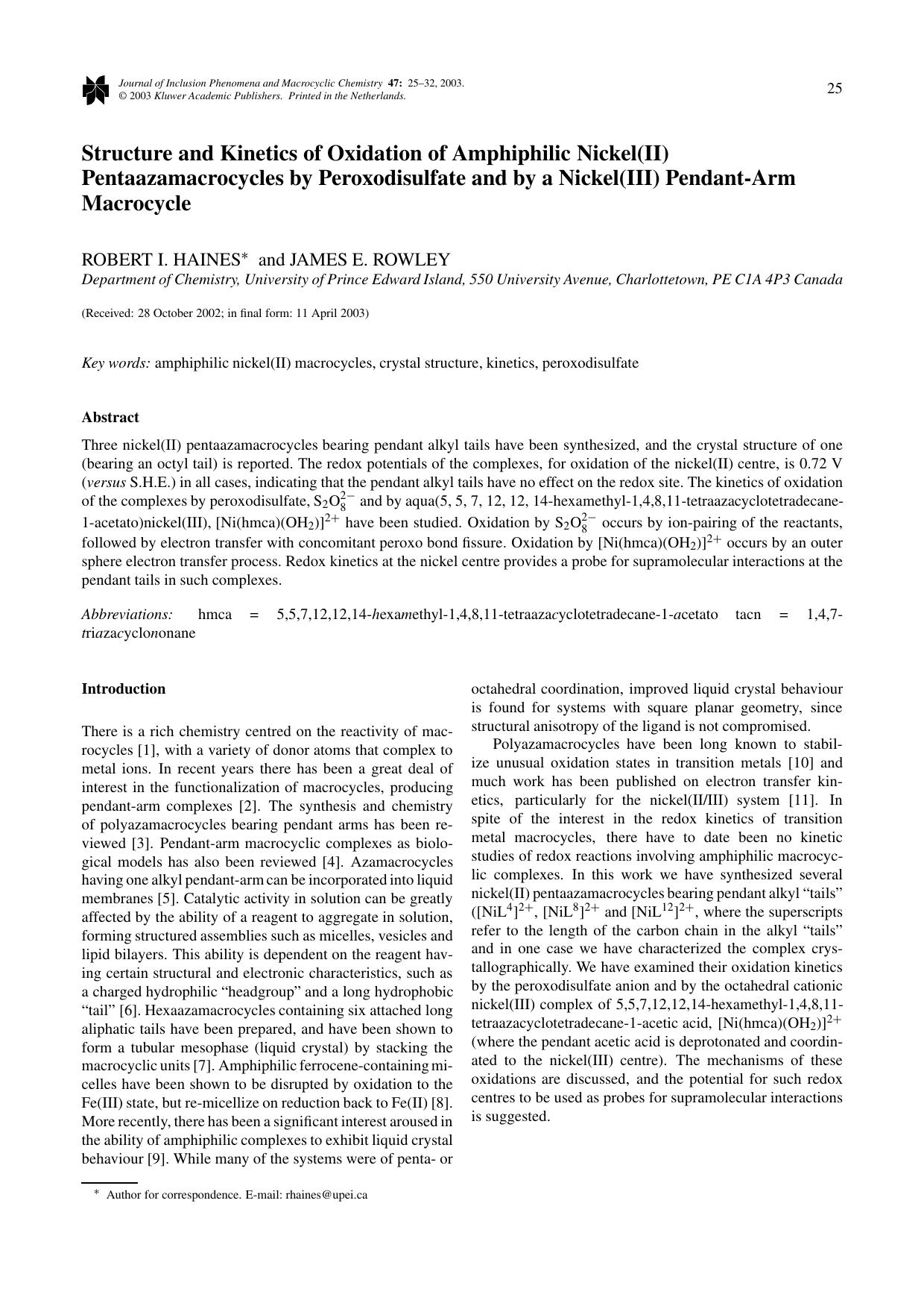 Structure and Kinetics of Oxidation of Amphiphilic Nickel(II) Pentaazamacrocycles by Peroxodisulfate and by a Nickel(III) Pendant-Arm Macrocycle by Unknown