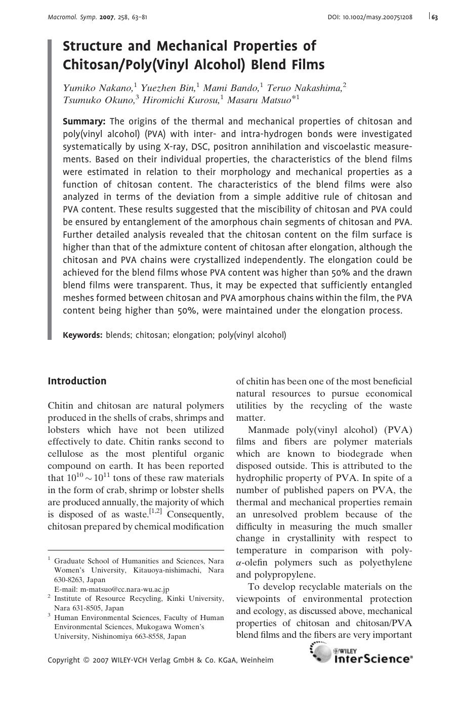Structure and Mechanical Properties of ChitosanPoly(Vinyl Alcohol) Blend Films by Unknown