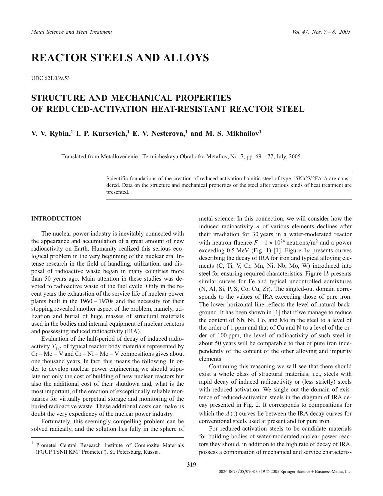Structure and Mechanical Properties of Reduced-Activation Heat-Resistant Reactor Steel by Unknown