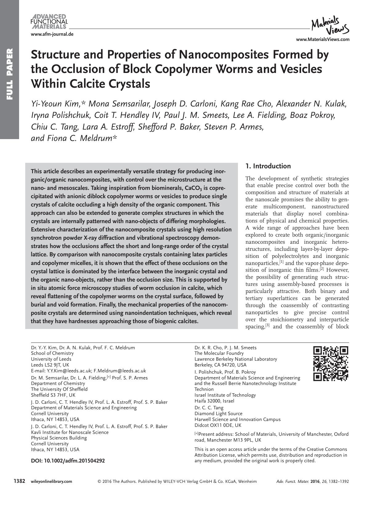 Structure and Properties of Nanocomposites Formed by the Occlusion of Block Copolymer Worms and Vesicles Within Calcite Crystals by Unknown