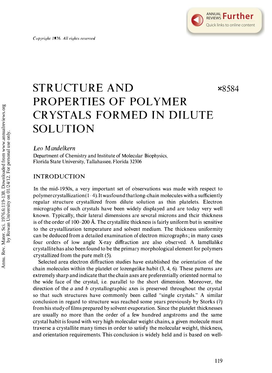 Structure and Properties of Polymer Crystals Formed in Dilute Solution by L Mandelkern