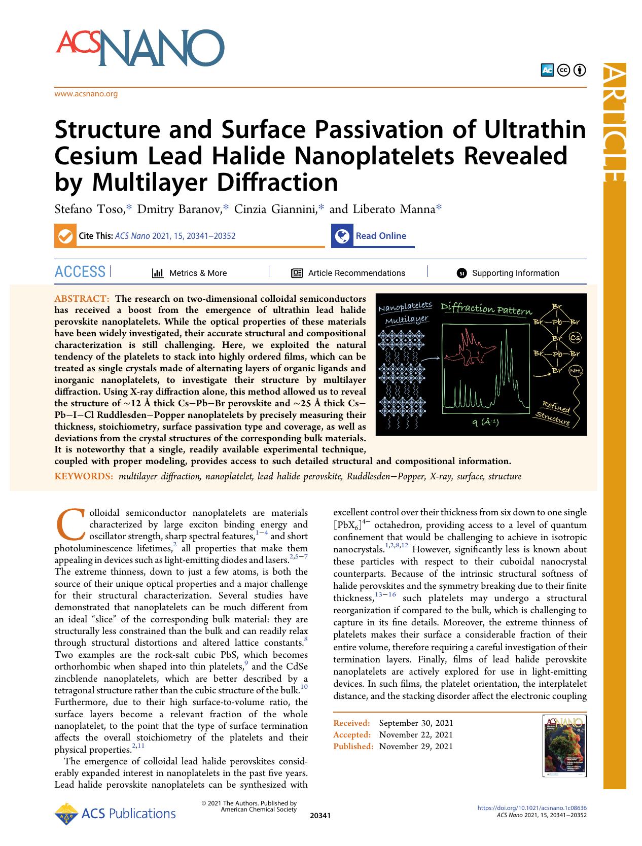 Structure and Surface Passivation of Ultrathin Cesium Lead Halide Nanoplatelets Revealed by Multilayer Diffraction by Stefano Toso Dmitry Baranov Cinzia Giannini and Liberato Manna