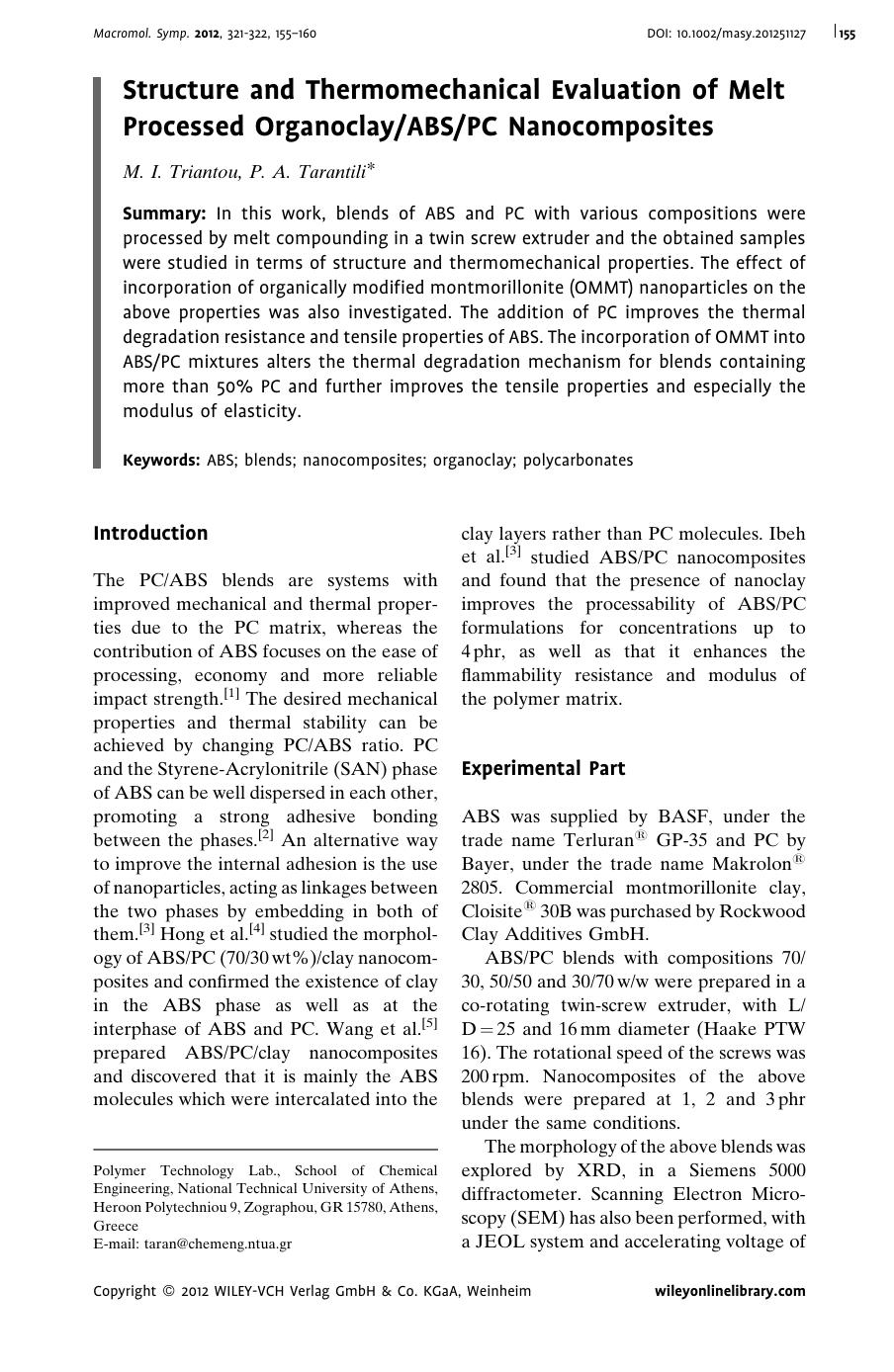 Structure and Thermomechanical Evaluation of Melt Processed OrganoclayABSPC Nanocomposites by Unknown