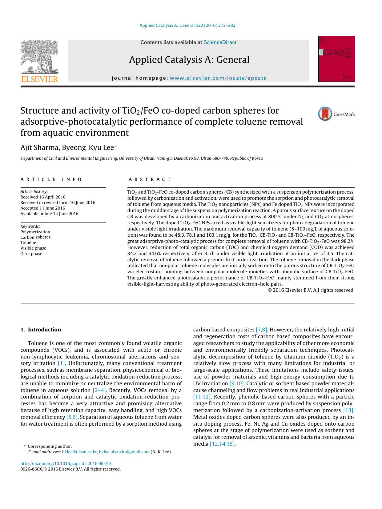Structure and activity of TiO2FeO co-doped carbon spheres for adsorptive-photocatalytic performance of complete toluene removal from aquatic environment by Ajit Sharma & Byeong-Kyu Lee