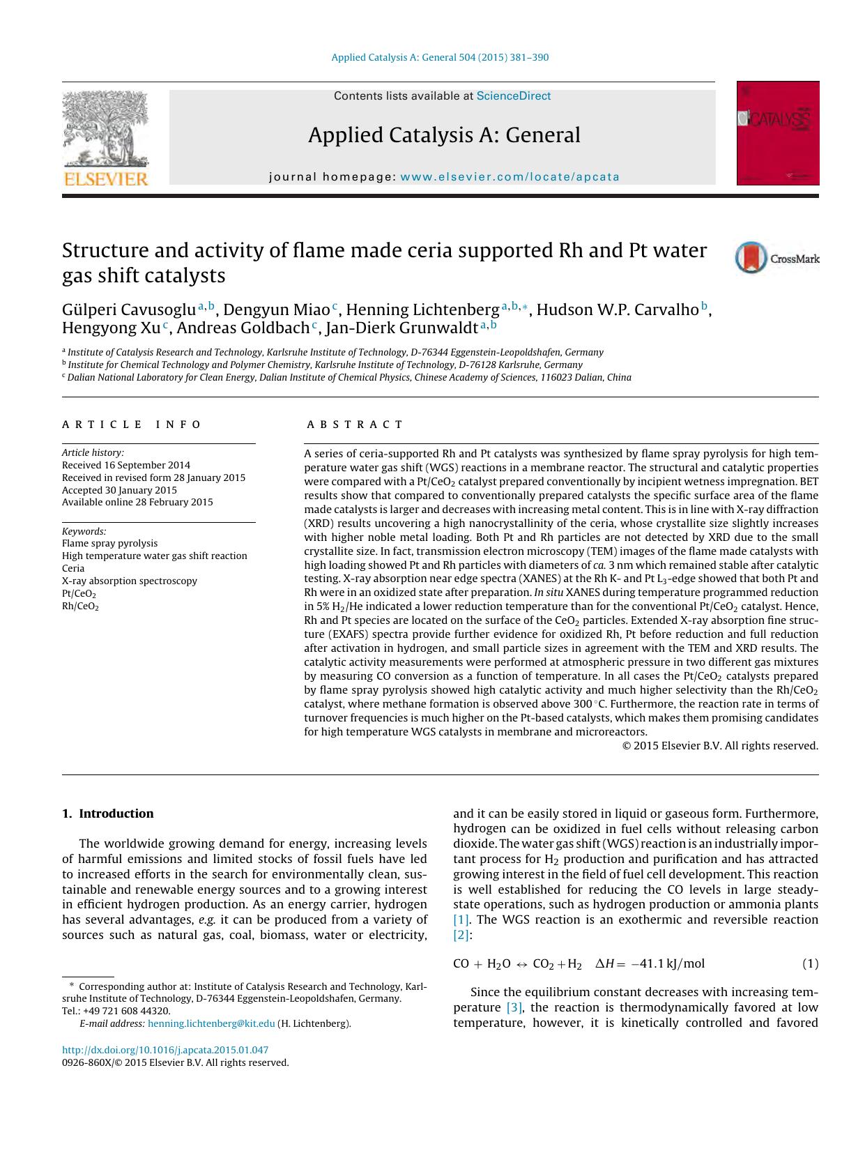 Structure and activity of flame made ceria supported Rh and Pt water gas shift catalysts by unknow