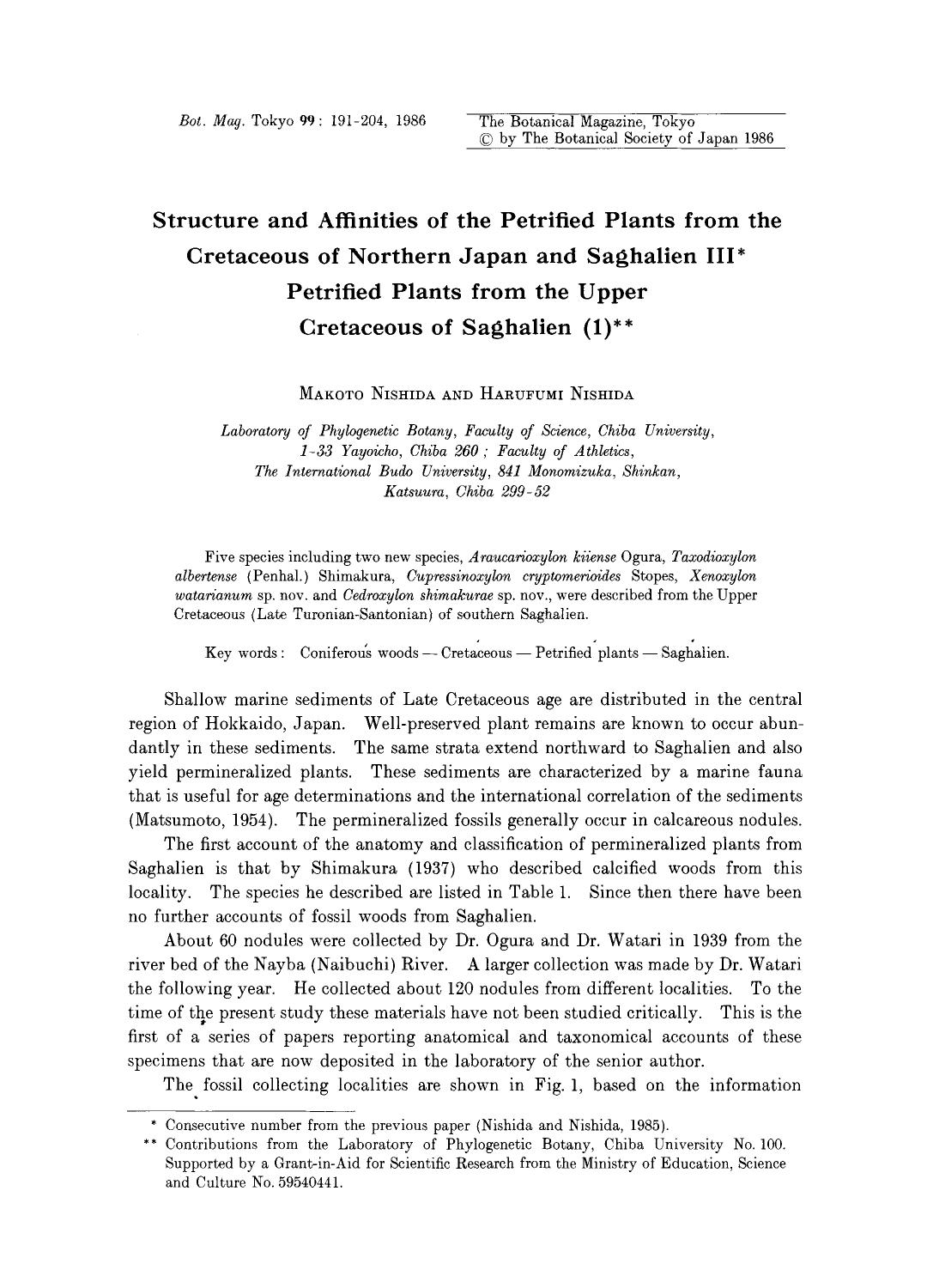 Structure and affinities of the petrified plants from the cretaceous of Northern Japan and Saghalien III petrified plants from the upper cretaceous of Saghalien by Unknown