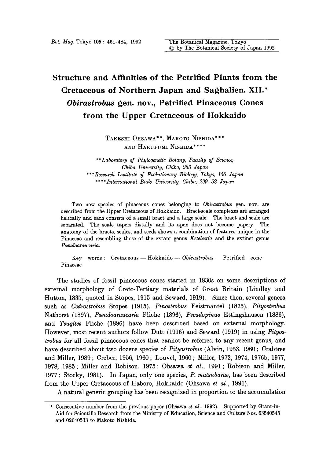 Structure and affinities of the petrified plants from the cretaceous of Northern Japan and Saghalien. XII. <Emphasis Type="Italic">Obirastrobus <Emphasis> gen. nov., petrified pina by Unknown