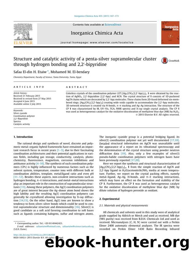 Structure and catalytic activity of a penta-silver supramolecular cluster through hydrogen bonding and 2,2Ã¢â¬Â²-bipyridine by Safaa El-din H. Etaiw & Mohamed M. El-bendary