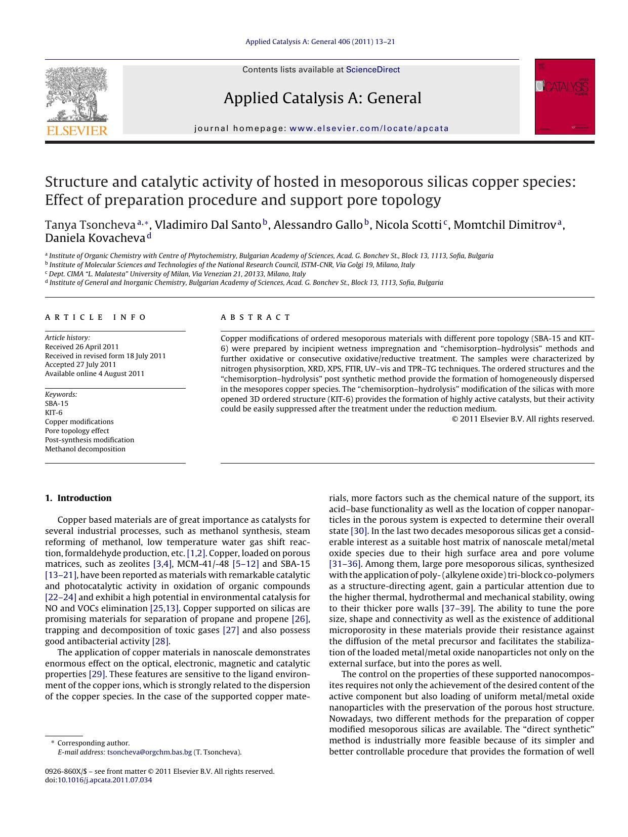 Structure and catalytic activity of hosted in mesoporous silicas copper species: Effect of preparation procedure and support pore topology by Tanya Tsoncheva