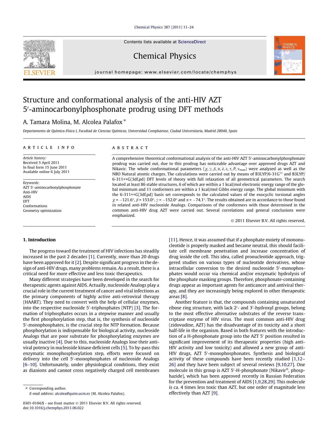 Structure and conformational analysis of the anti-HIV AZT 5Ã¢â¬Â²-aminocarbonylphosphonate prodrug using DFT methods by A. Tamara Molina & M. Alcolea Palafox