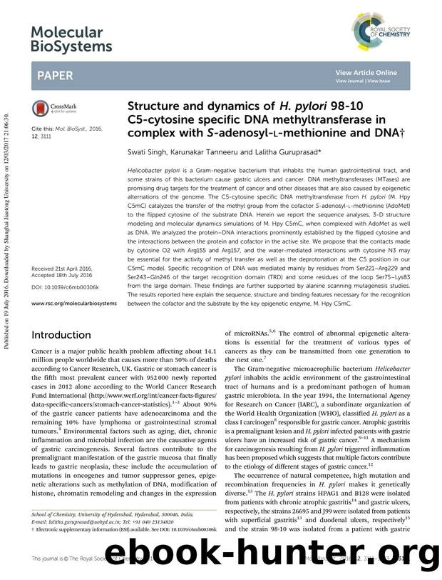 Structure and dynamics of H. pylori 98-10 C5-cytosine specific DNA methyltransferase in complex with S-adenosyl-l-methionine and DNA by Swati Singh & Karunakar Tanneeru & Lalitha Guruprasad
