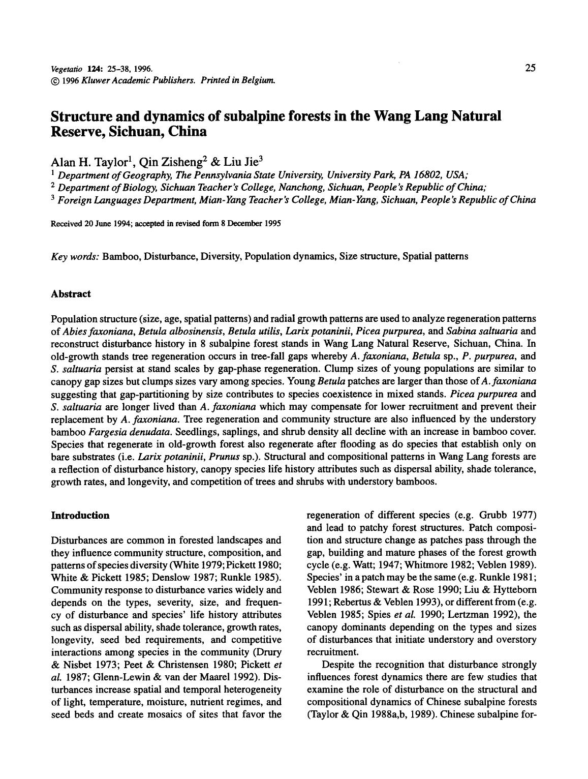Structure and dynamics of subalpine forests in the Wang Lang Natural Reserve, Sichuan, China by Unknown