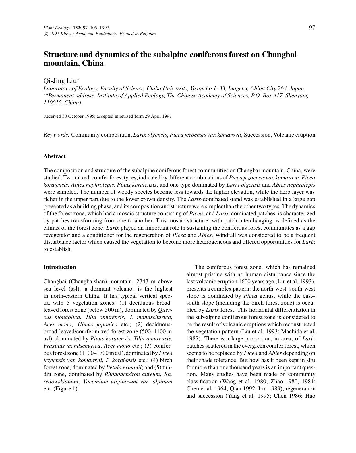 Structure and dynamics of the subalpine coniferous forest on Changbai mountain, China by Unknown