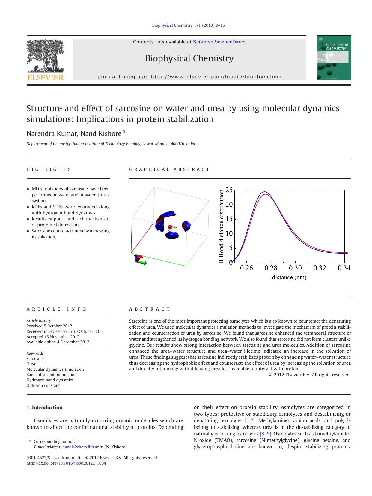 Structure and effect of sarcosine on water and urea by using molecular dynamics simulations: Implications in protein stabilization by Narendra Kumar & Nand Kishore