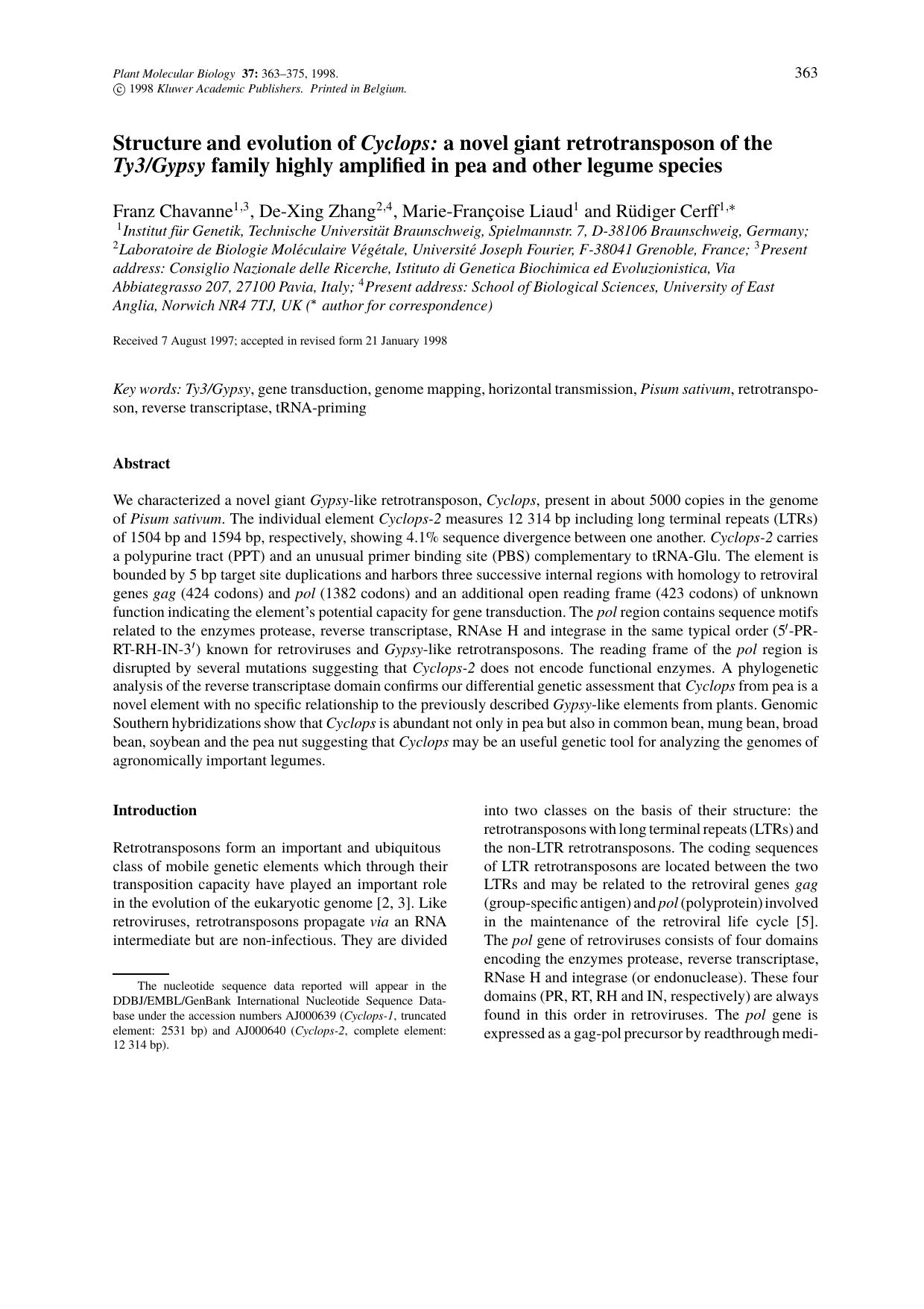 Structure and evolution of Cyclops: a novel giant retrotransposon of the Ty3Gypsy family highly amplified in pea and other legume species by Unknown