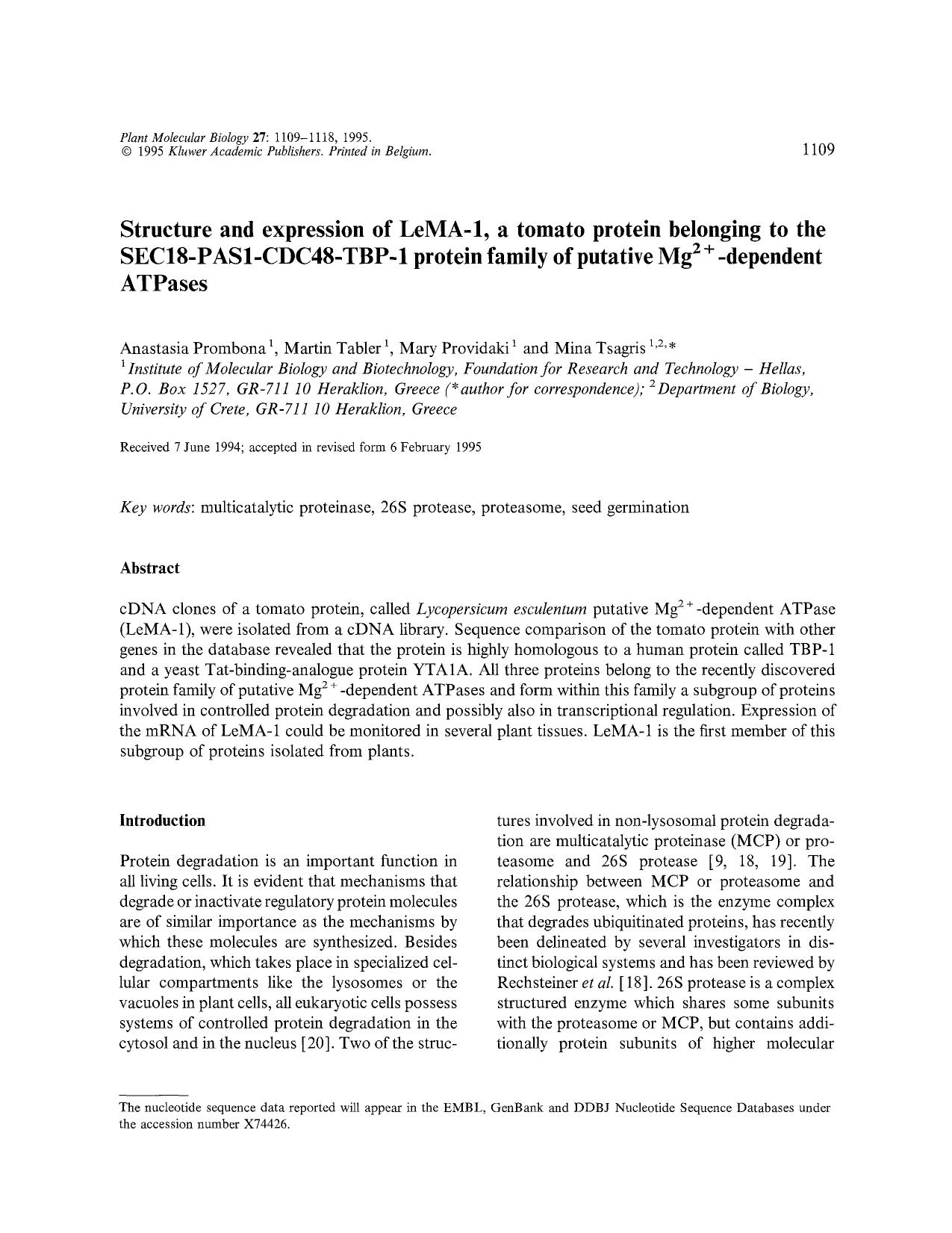Structure and expression of LeMA-1, a tomato protein belonging to the SEC18-PAS1-CDC48-TBP-1 protein family of putative Mg <Superscript>2+ <Superscript>-dependent ATPases by Unknown