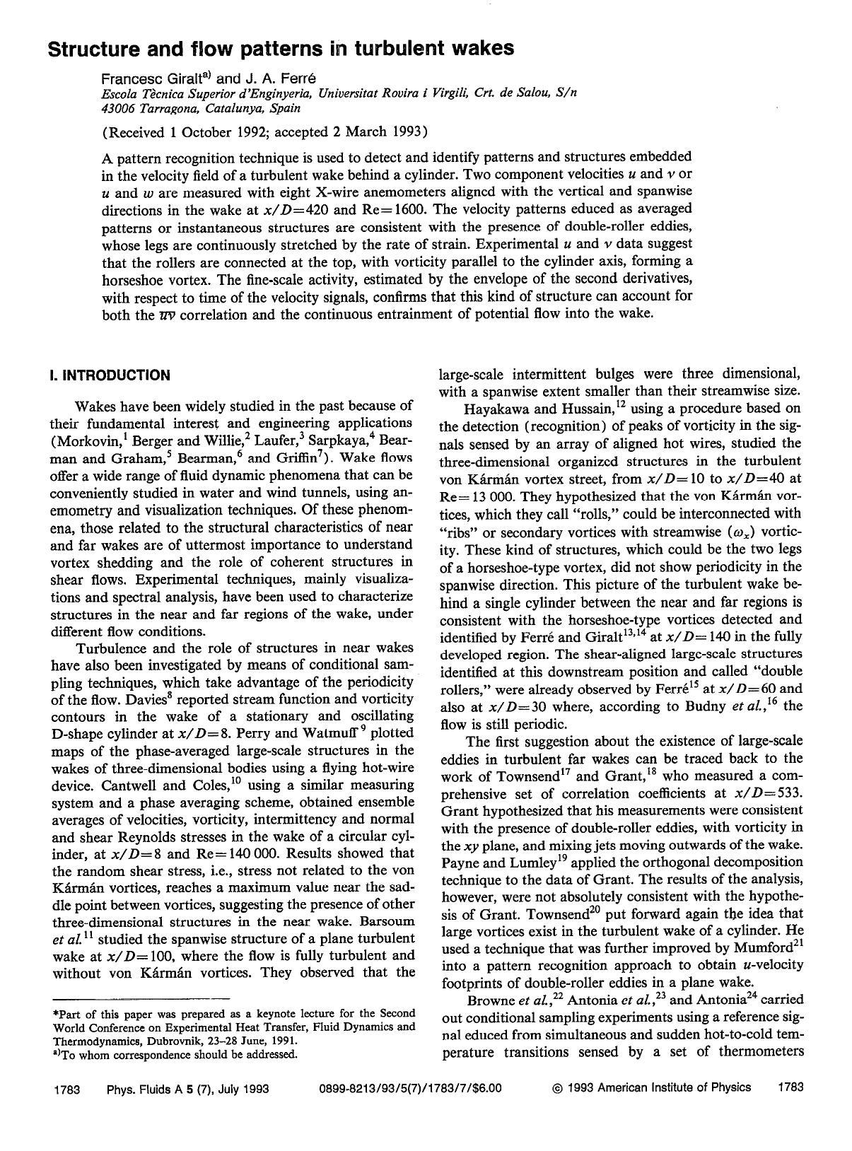 Structure and flow patterns in turbulent wakes by Francesc Giralt; J. A. Ferre