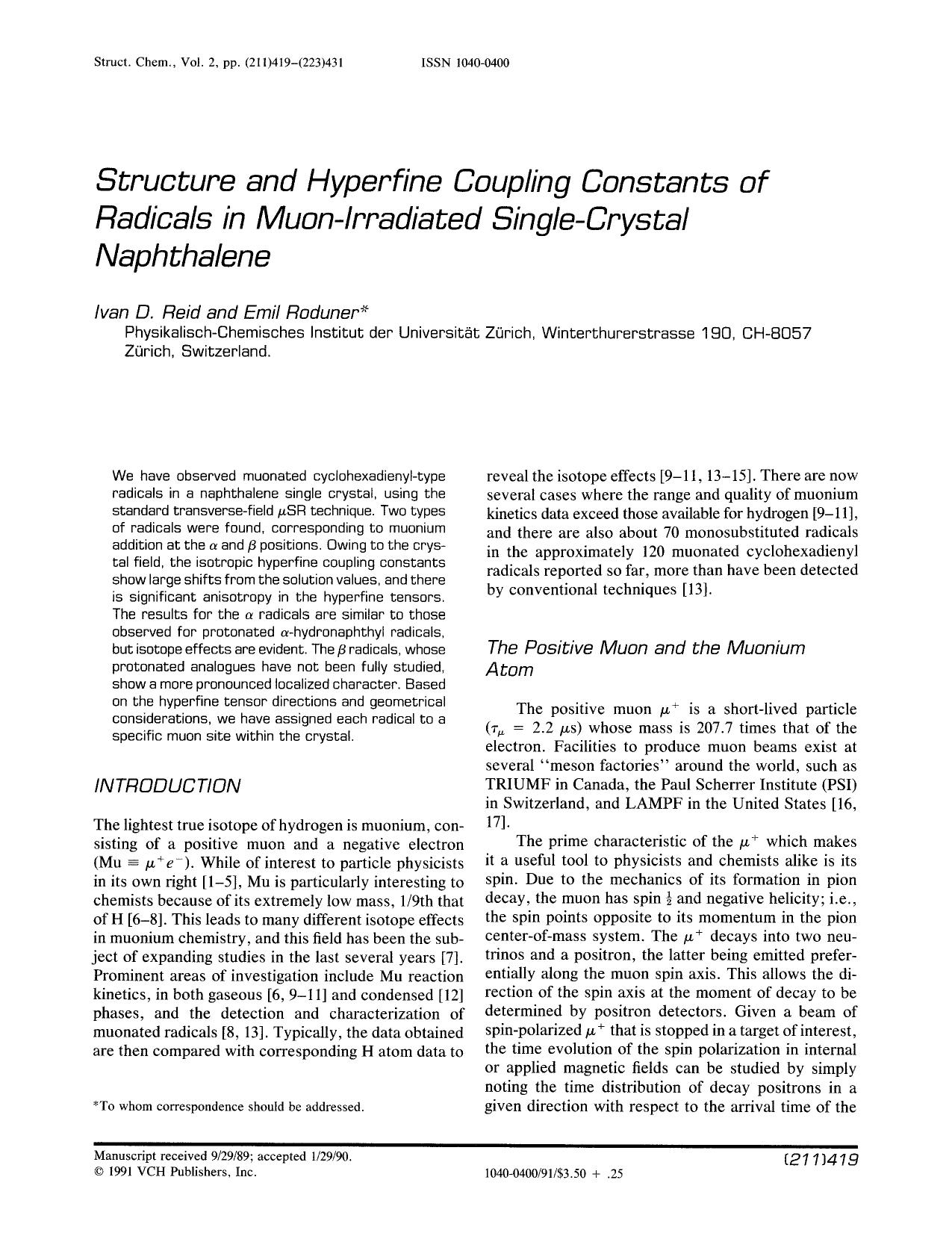 Structure and hyperfine coupling constants of radicals in muon-irradiated single-crystal naphthalene by Unknown