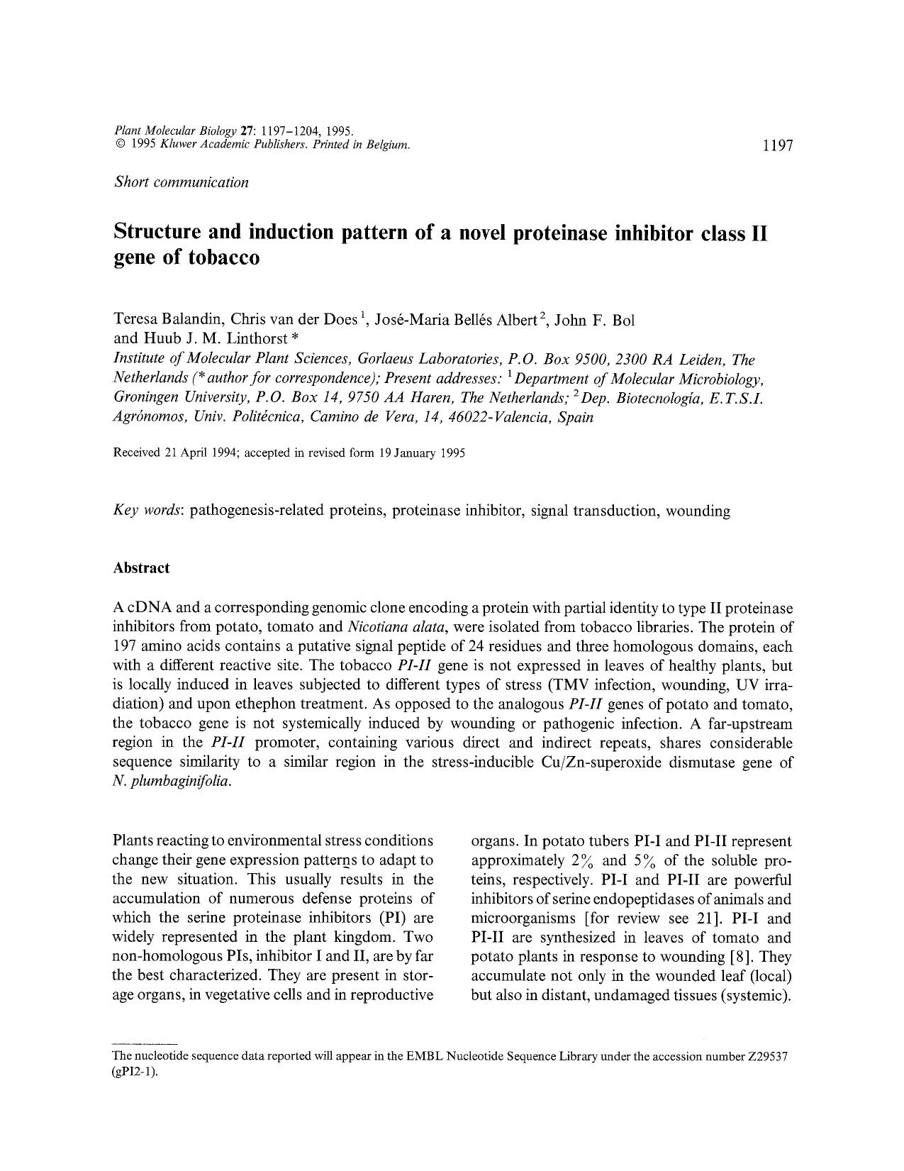 Structure and induction pattern of a novel proteinase inhibitor class II gene of tobacco by Unknown