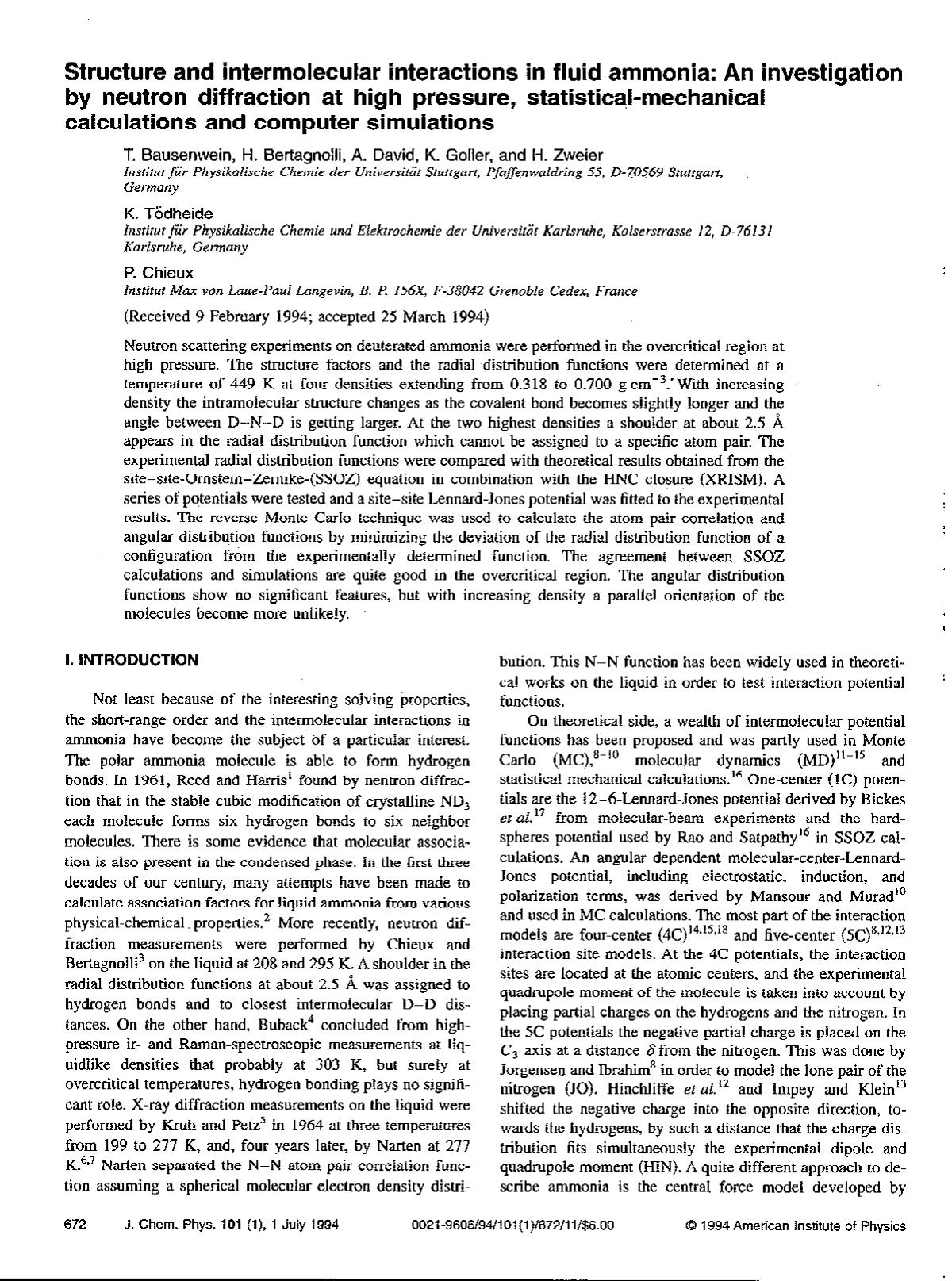 Structure and intermolecular interactions in fluid ammonia: An investigation by neutron diffraction at high pressure, statistical-mechanical calculations and computer simulations by T. Bausenwein; H. Bertagnolli; A. David; K. Goller; H. Zweier; K. Todheide; P. Chieux