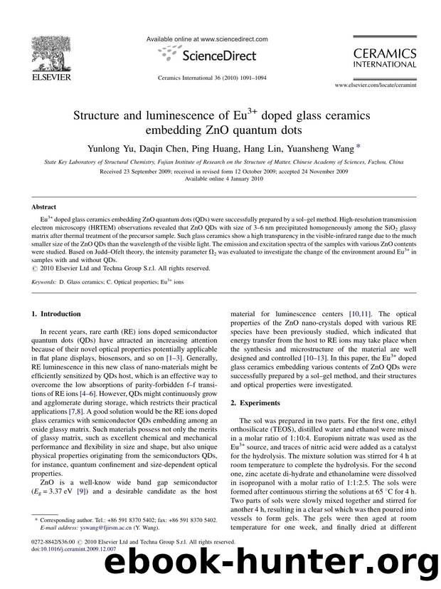 Structure and luminescence of Eu3+ doped glass ceramics embedding ZnO quantum dots by Yunlong Yu; Daqin Chen; Ping Huang; Hang Lin; Yuansheng Wang