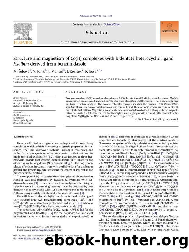 Structure and magnetism of Co(II) complexes with bidentate heterocyclic ligand Hsalbim derived from benzimidazole by M. Å ebovÃ¡ & V. Jorík & J. Moncoľ & J. Kožíšek & R. Boča