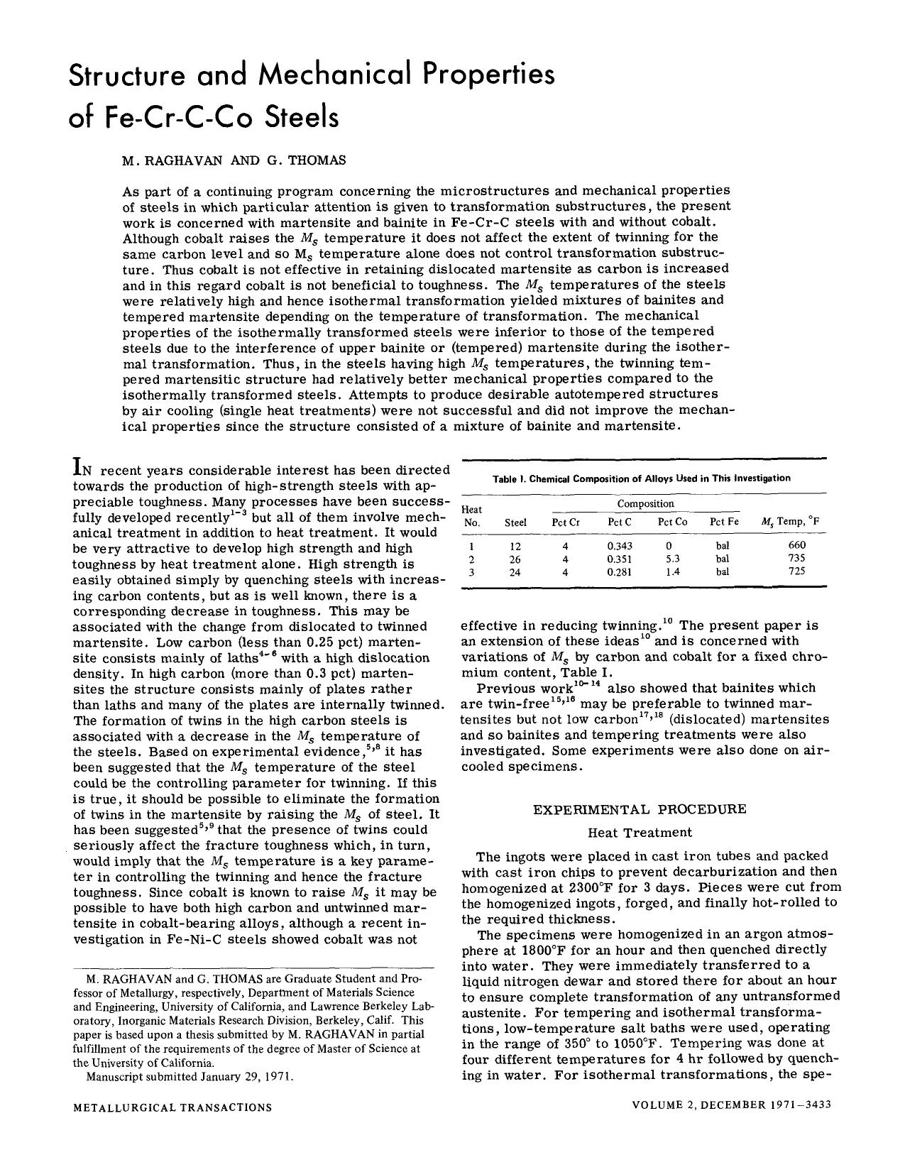 Structure and mechanical properties of Fe−Cr−C−Co steels by Unknown