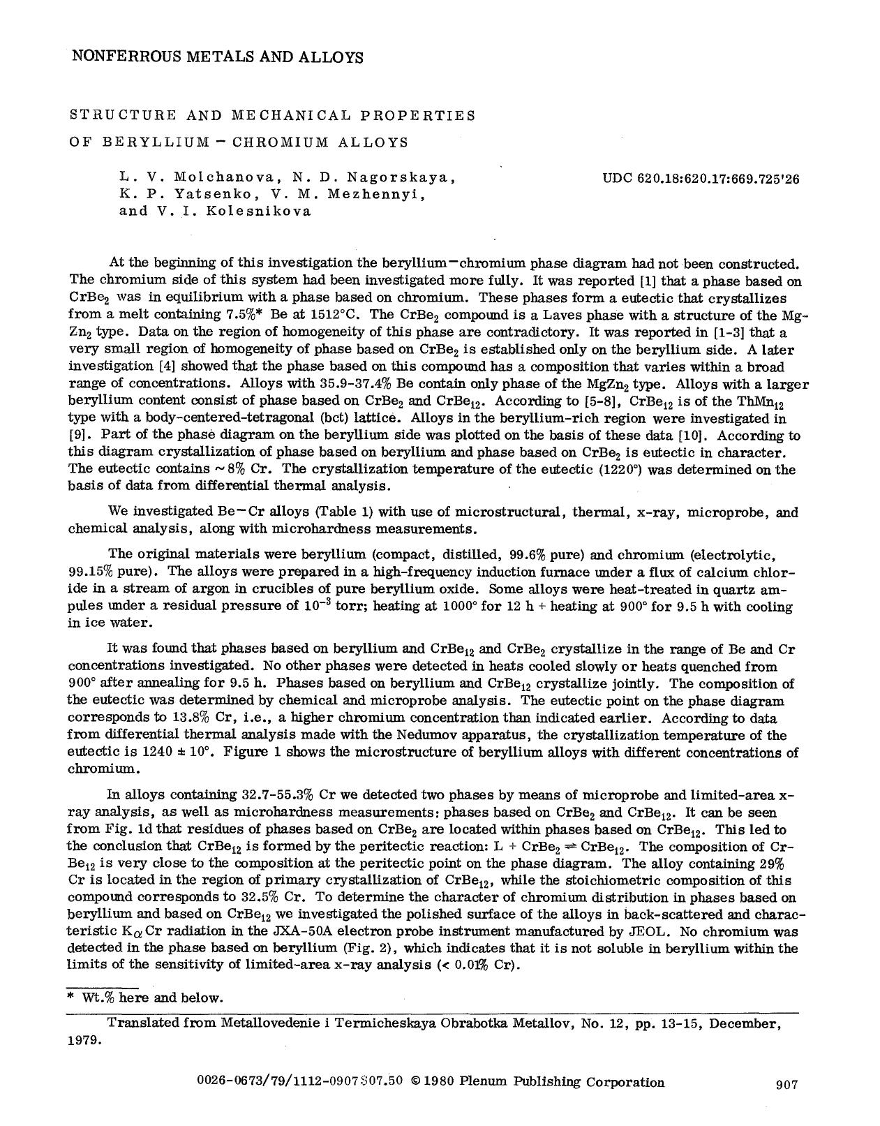 Structure and mechanical properties of beryllium — Chromium alloys by Unknown