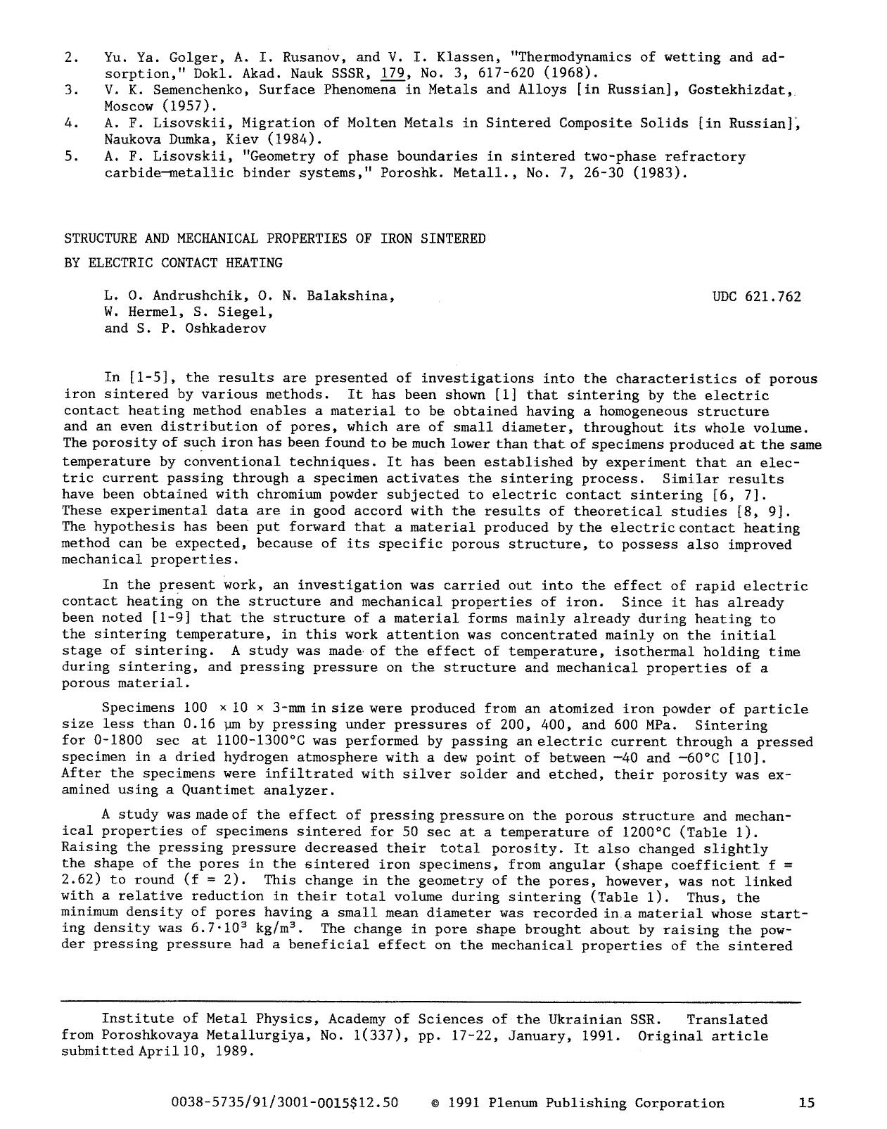 Structure and mechanical properties of iron sintered by electric contact heating by Unknown