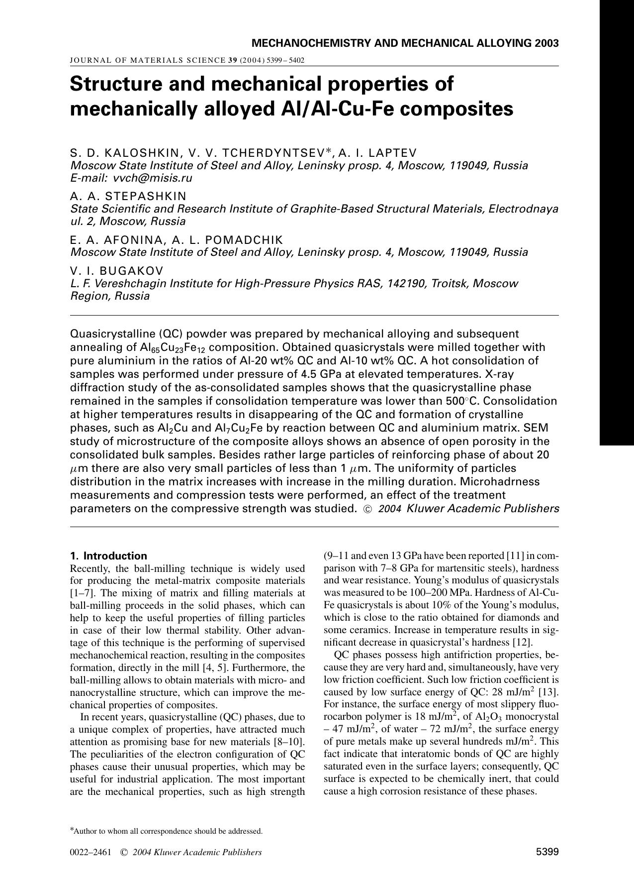 Structure and mechanical properties of mechanically alloyed AlAl-Cu-Fe composites by Unknown