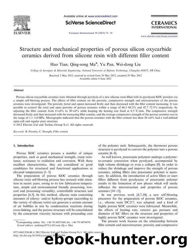 Structure and mechanical properties of porous silicon oxycarbide ceramics derived from silicone resin with different filler content by Hao Tian & Qing-song Ma & Yu Pan & Wei-dong Liu