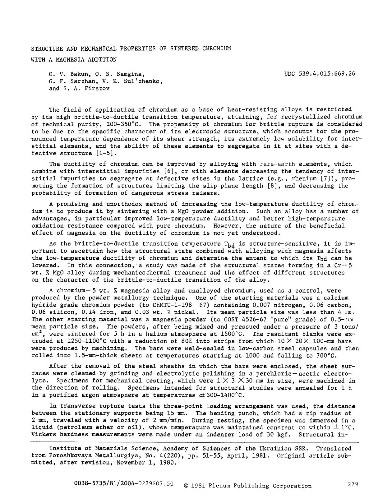 Structure and mechanical properties of sintered chromium with a magnesia addition by Unknown