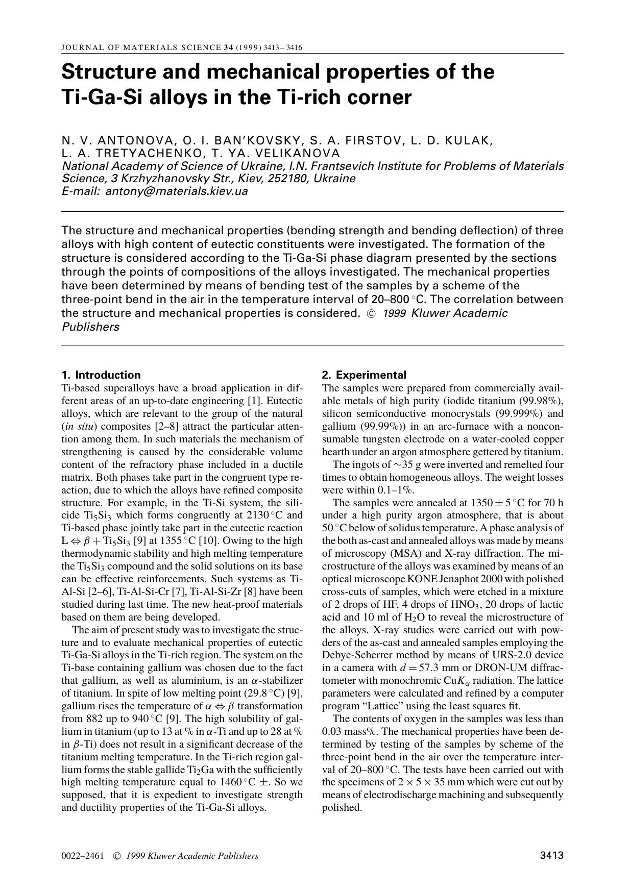 Structure and mechanical properties of the Ti-Ga-Si alloys in the Ti-rich corner by Unknown