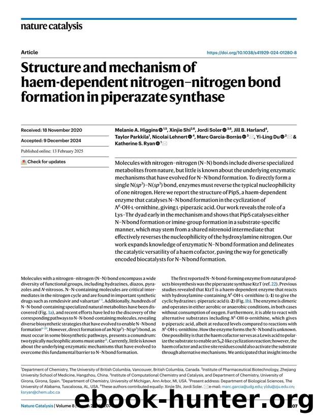 Structure and mechanism of haem-dependent nitrogenânitrogen bond formation in piperazate synthase by unknow