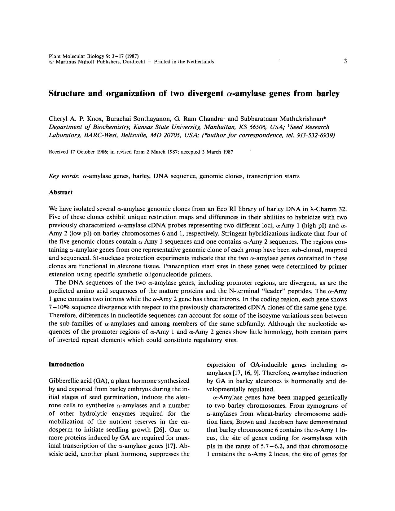 Structure and organization of two divergent &#x03B1;-amylase genes from barley by Unknown
