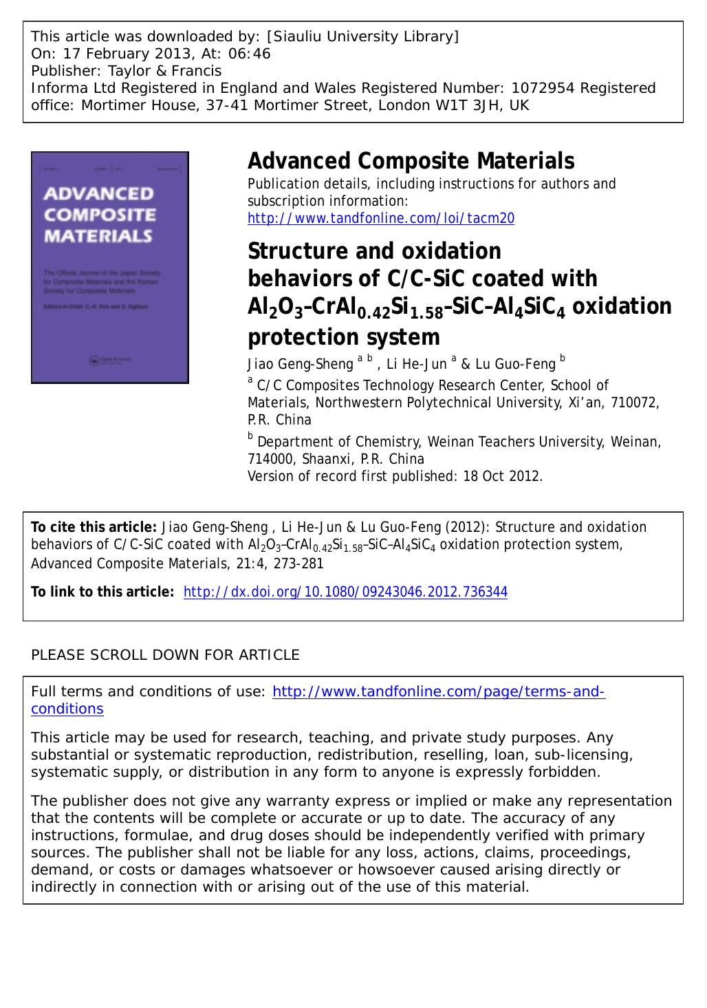 Structure and oxidation behaviors of CC-SiC coated with Al2O3–CrAl0.42Si1.58–SiC–Al4SiC4 oxidation protection system by Jiao Geng-Sheng Li He-Jun & Lu Guo-Feng