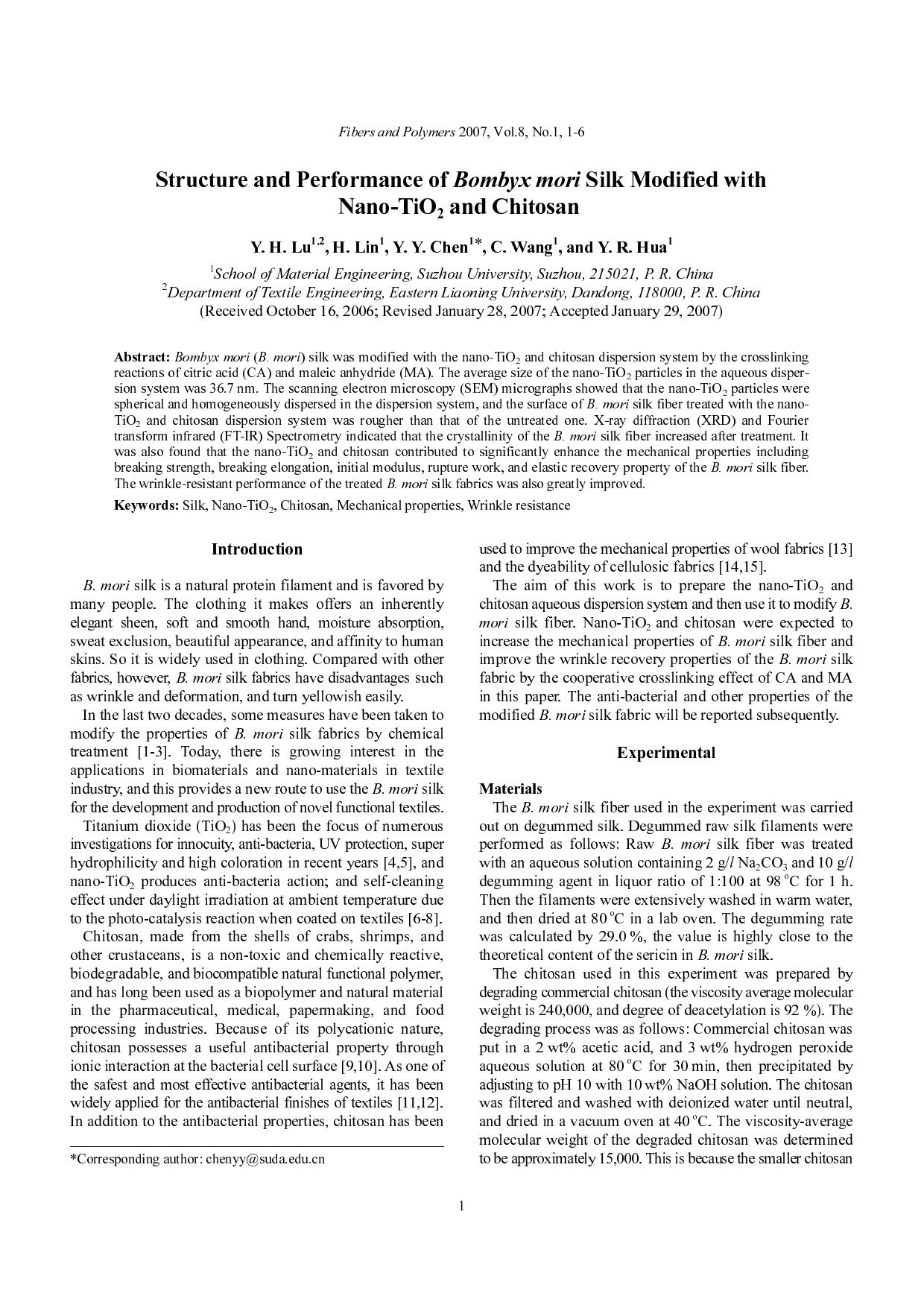 Structure and performance of <Emphasis Type="Italic">Bombyx mori <Emphasis> silk modified with nano-TiO <Subscript>2 <Subscript> and chitosan by Unknown
