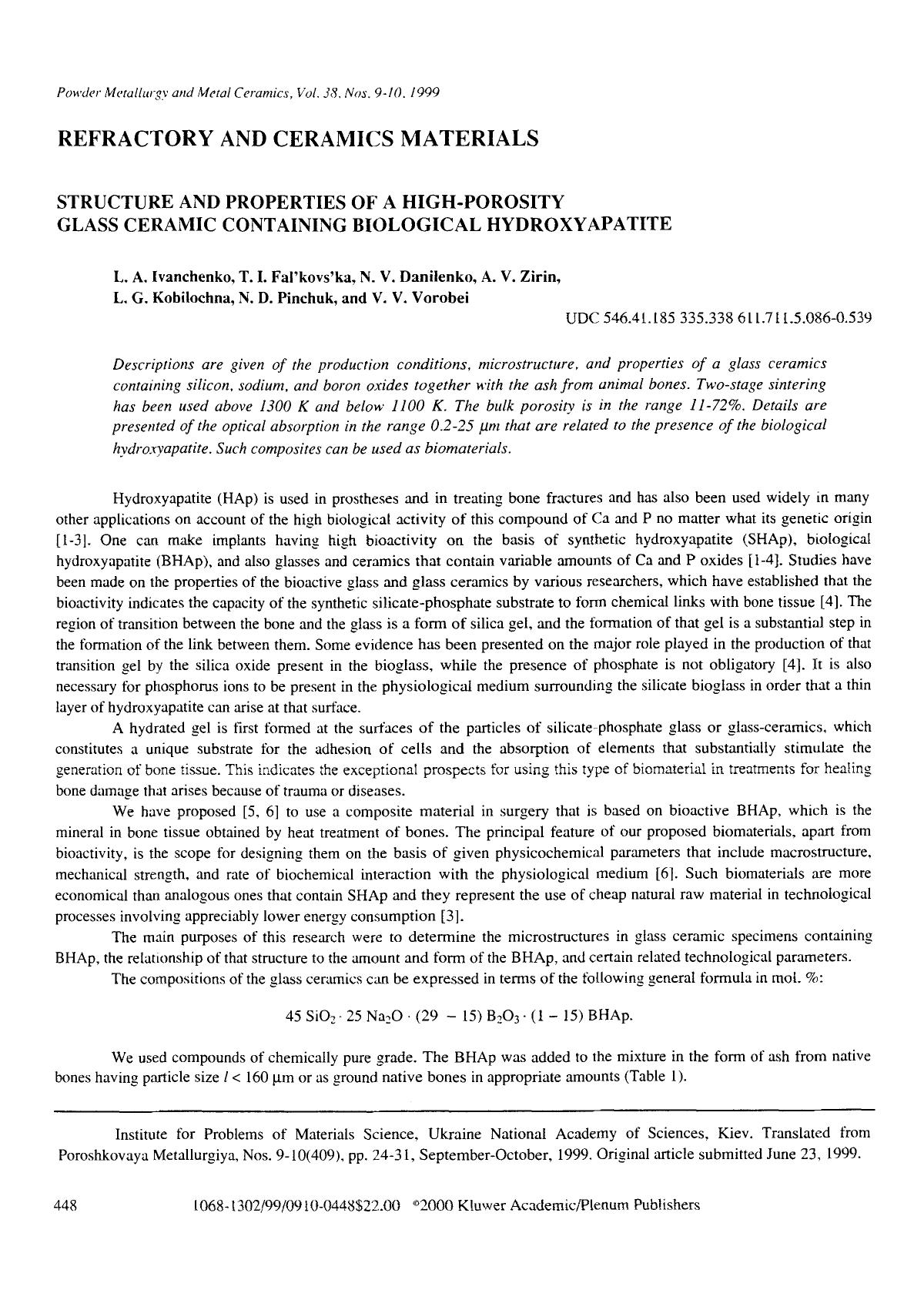 Structure and properties of a high-porosity glass ceramic containing biological hydroxyapatite by Unknown