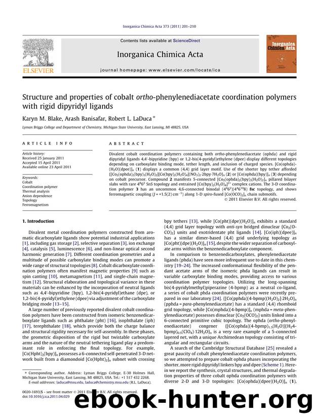 Structure and properties of cobalt ortho-phenylenediacetate coordination polymers with rigid dipyridyl ligands by Karyn M. Blake & Arash Banisafar & Robert L. LaDuca