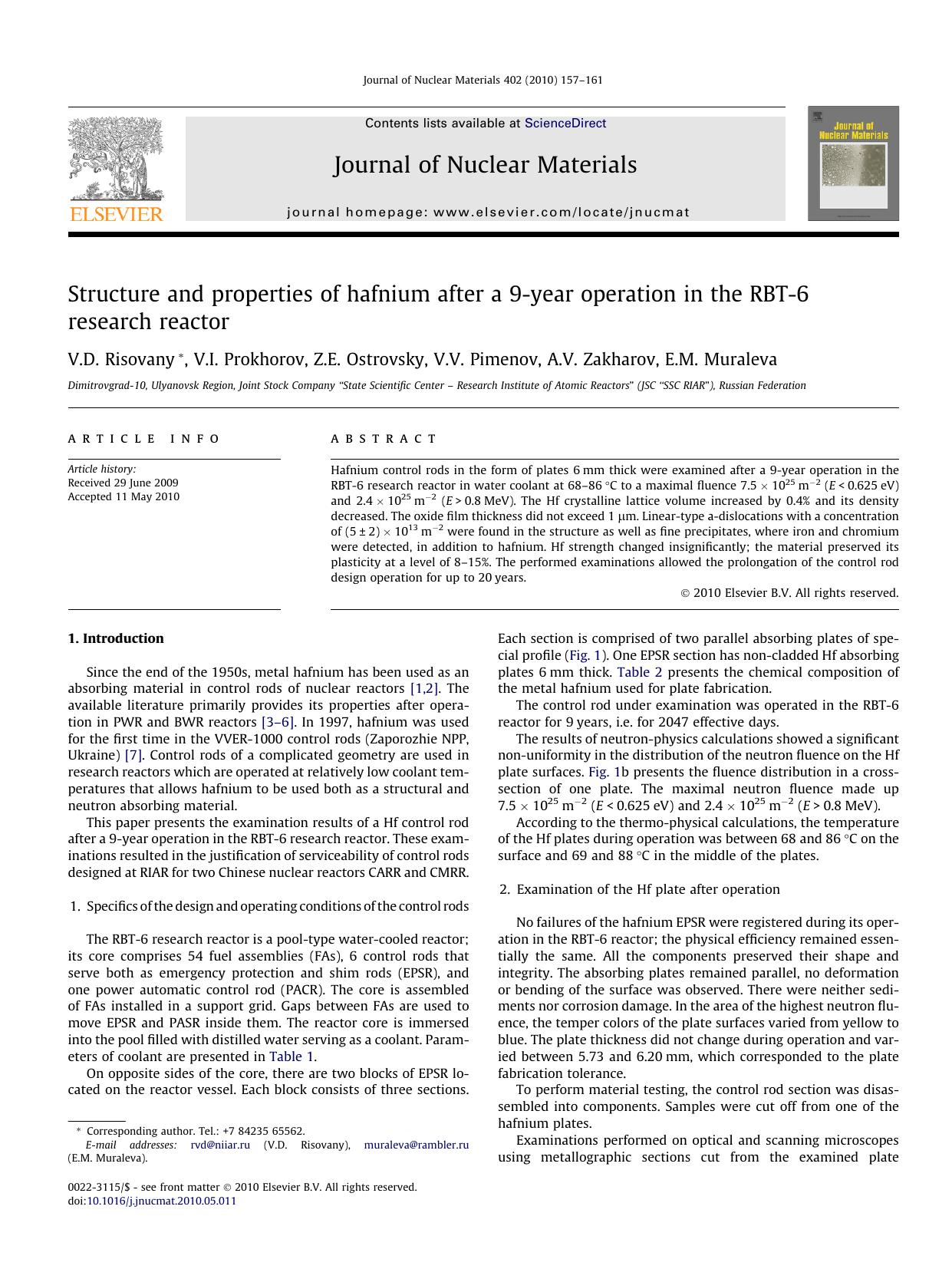 Structure and properties of hafnium after a 9-year operation in the RBT-6 research reactor by V.D. Risovany & V.I. Prokhorov & Z.E. Ostrovsky & V.V. Pimenov & A.V. Zakharov & E.M. Muraleva