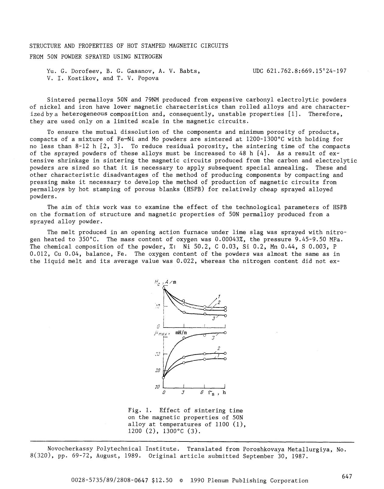 Structure and properties of hot stamped magnetic circuits from 50N powder sprayed using nitrogen by Unknown