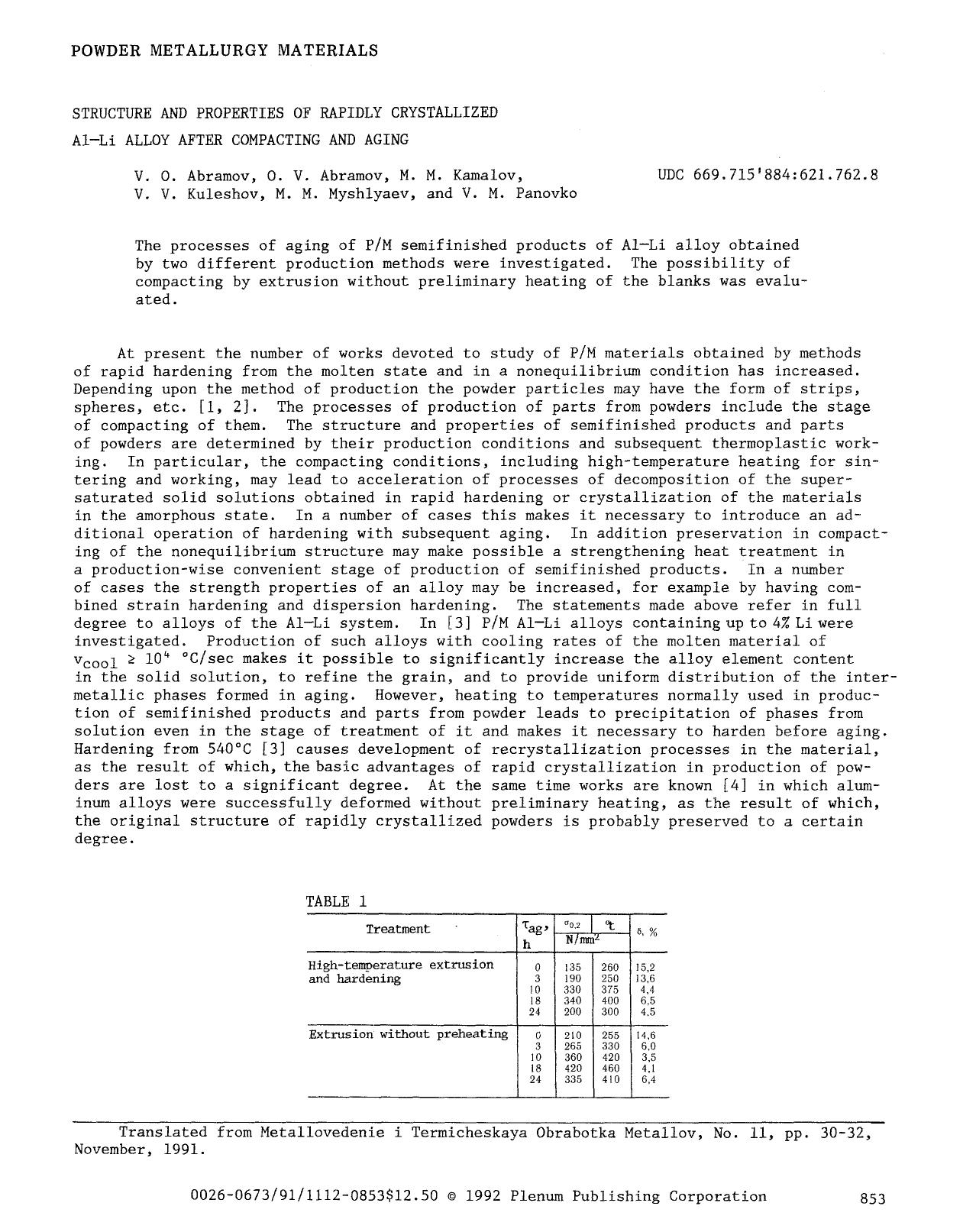 Structure and properties of rapidly crystallized Al−Li alloy after compacting and aging by Unknown