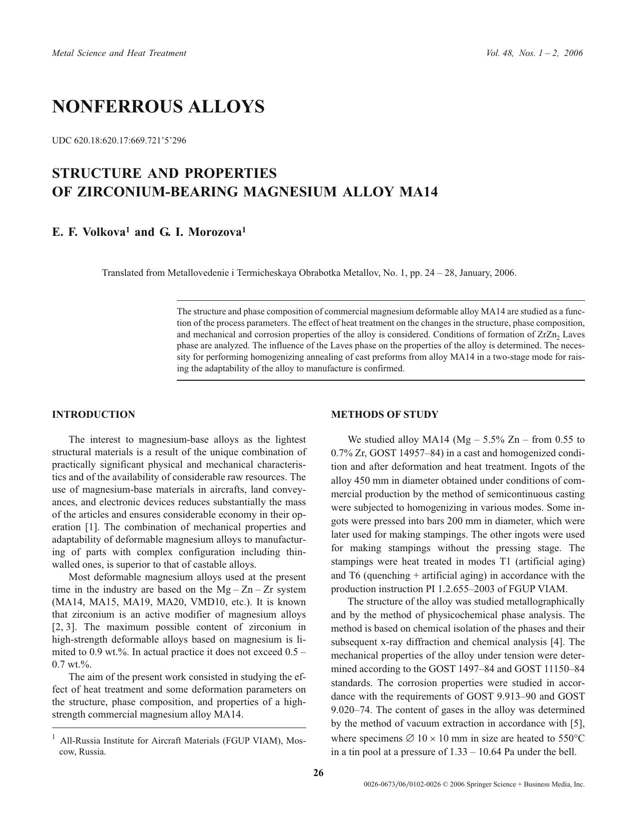 Structure and properties of zirconium-bearing magnesium alloy MA14 by Unknown