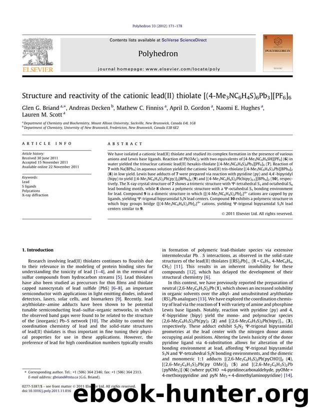 Structure and reactivity of the cationic lead(II) thiolate [(4-Me3NC6H4S)6Pb3][PF6]6 by unknow